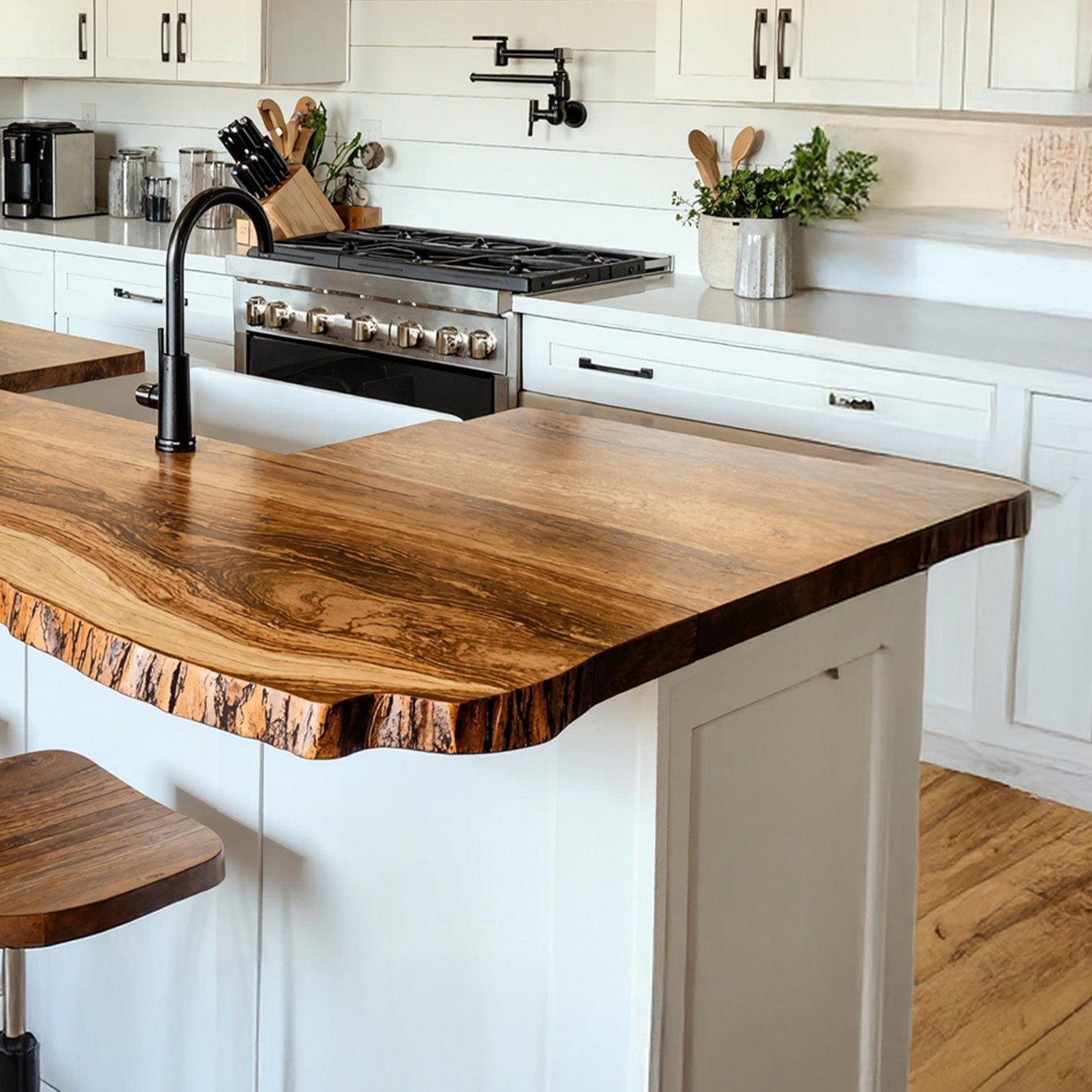 Mid-century modern kitchen with a live-edge wooden countertop—natural flowing edge, rich wood grain, paired with sleek cabinetry and ambient lighting in a contemporary space-2