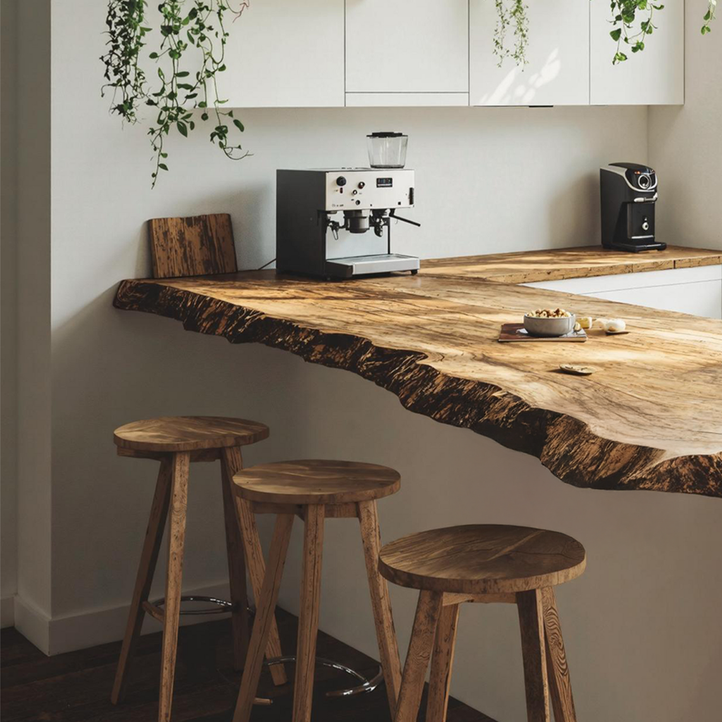 Rustic solid wood kitchen tabletop with live-edge detail and rich natural grain, styled to complement harmonious furniture and décor-3