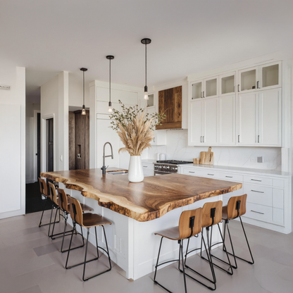 Kitchen island featuring a farmhouse-style live‑edge wooden countertop with natural contours, warm wood grain, and soft ambient lighting-1