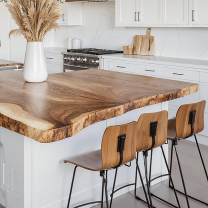Kitchen island featuring a farmhouse-style live‑edge wooden countertop with natural contours, warm wood grain, and soft ambient lighting-2