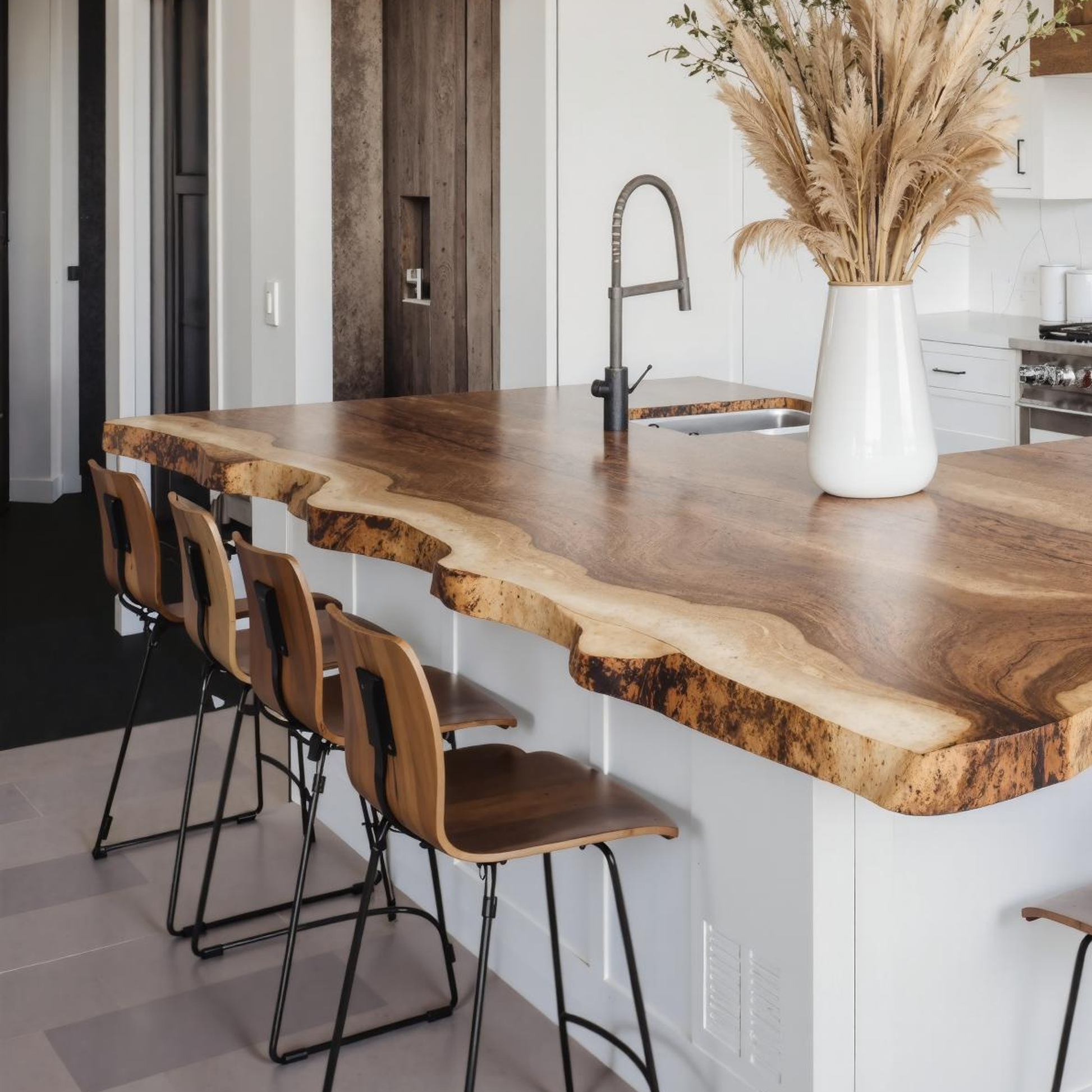 Kitchen island featuring a farmhouse-style live‑edge wooden countertop with natural contours, warm wood grain, and soft ambient lighting-3