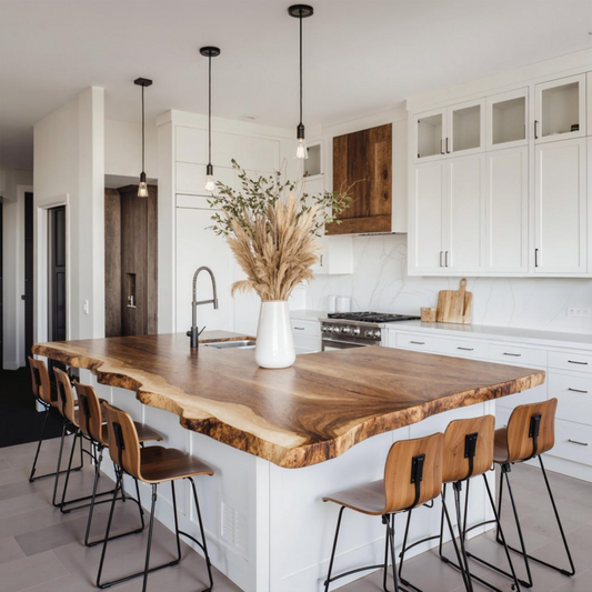 Kitchen island featuring a farmhouse-style live‑edge wooden countertop with natural contours, warm wood grain, and soft ambient lighting