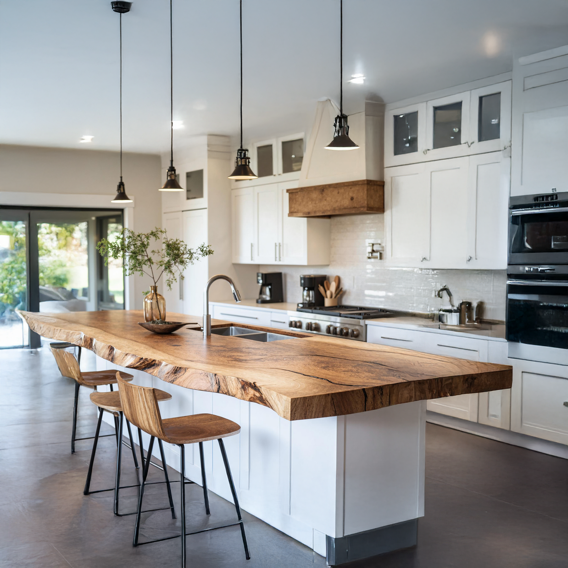 Handcrafted wooden kitchen countertop with rich textured grain and smooth natural finish, showcasing artisanal craftsmanship and premium quality in a modern kitchen setting-1