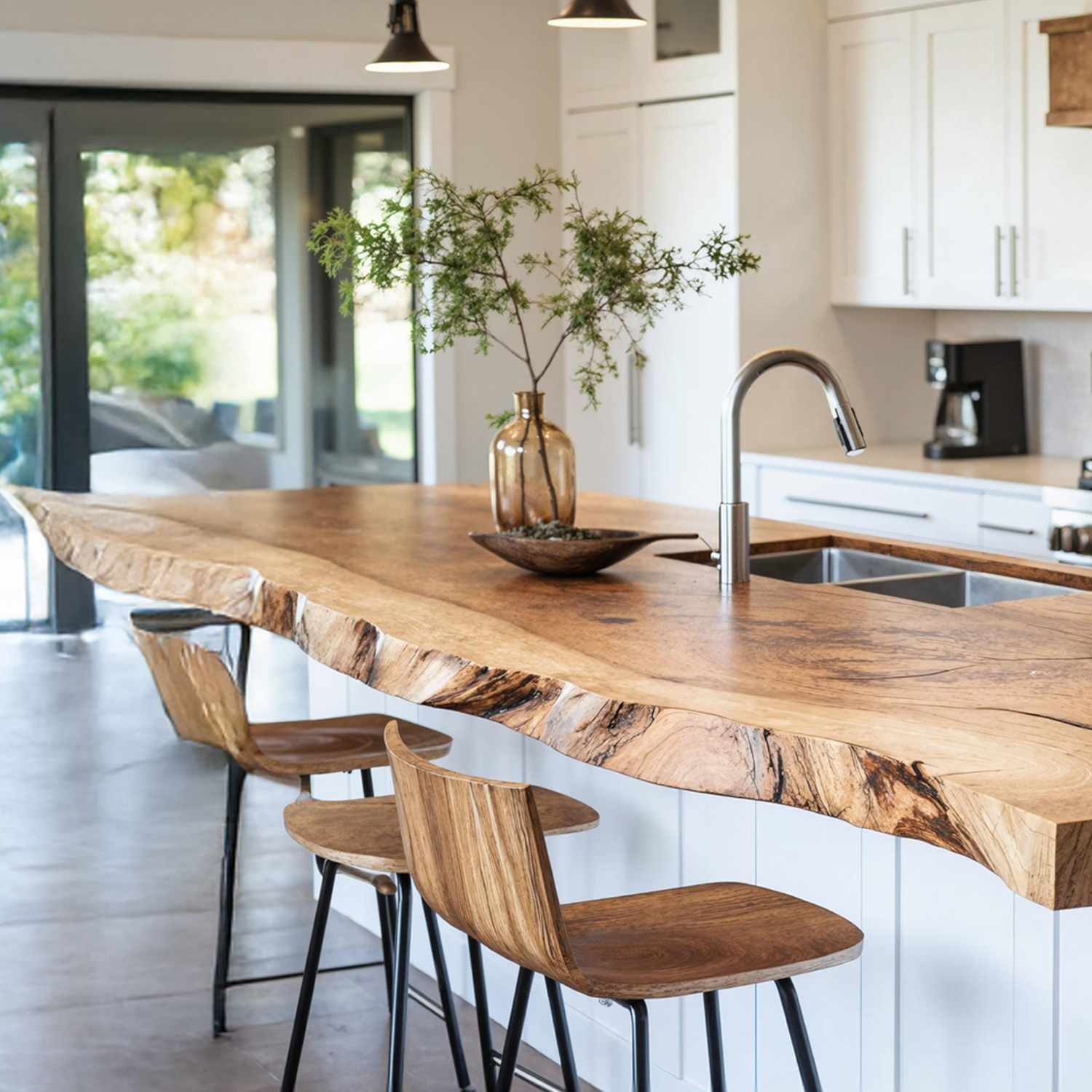 Handcrafted wooden kitchen countertop with rich textured grain and smooth natural finish, showcasing artisanal craftsmanship and premium quality in a modern kitchen setting-2