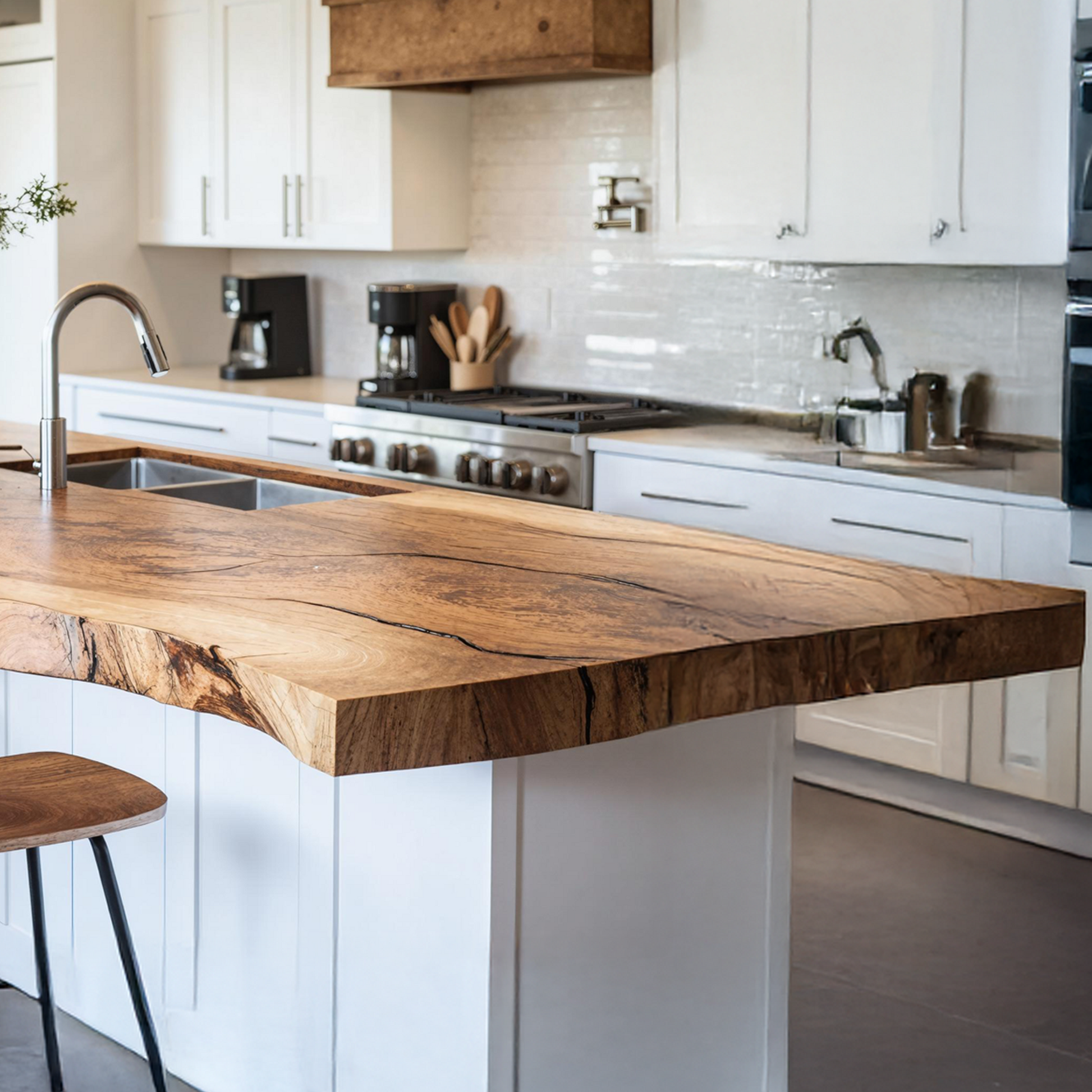 Handcrafted wooden kitchen countertop with rich textured grain and smooth natural finish, showcasing artisanal craftsmanship and premium quality in a modern kitchen setting-3