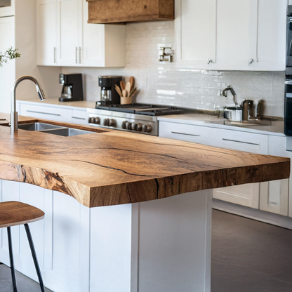 Handcrafted wooden kitchen countertop with rich textured grain and smooth natural finish, showcasing artisanal craftsmanship and premium quality in a modern kitchen setting-3