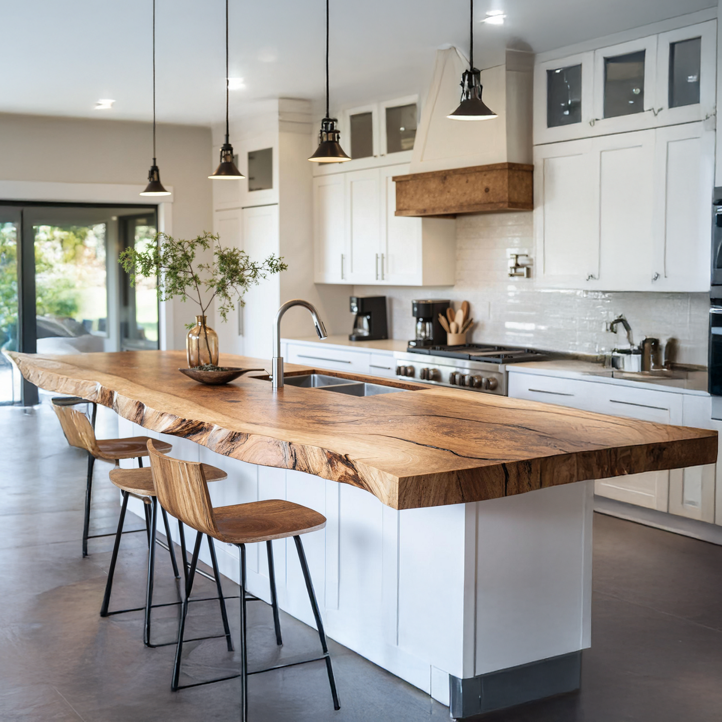 Handcrafted wooden kitchen countertop with rich textured grain and smooth natural finish, showcasing artisanal craftsmanship and premium quality in a modern kitchen setting