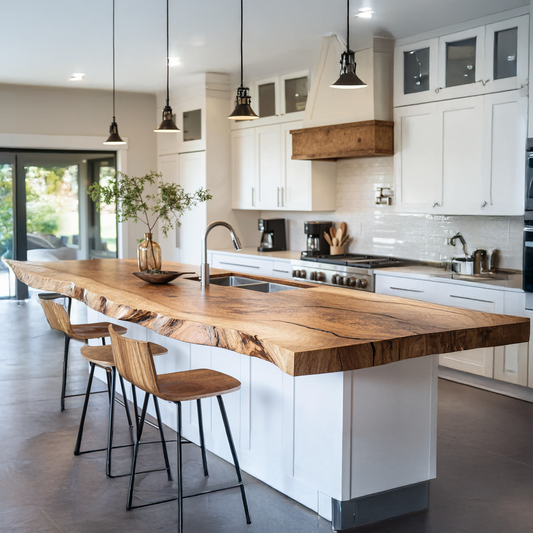 Handcrafted wooden kitchen countertop with rich textured grain and smooth natural finish, showcasing artisanal craftsmanship and premium quality in a modern kitchen setting