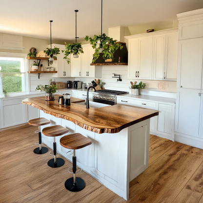 Mid-century modern kitchen with a live-edge wooden countertop—natural flowing edge, rich wood grain, paired with sleek cabinetry and ambient lighting in a contemporary space-1