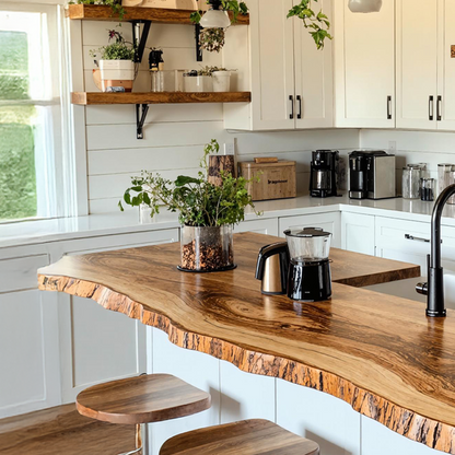 Mid-century modern kitchen with a live-edge wooden countertop—natural flowing edge, rich wood grain, paired with sleek cabinetry and ambient lighting in a contemporary space-3