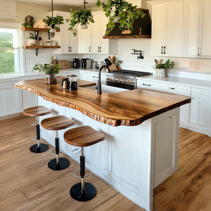Mid-century modern kitchen with a live-edge wooden countertop—natural flowing edge, rich wood grain, paired with sleek cabinetry and ambient lighting in a contemporary space