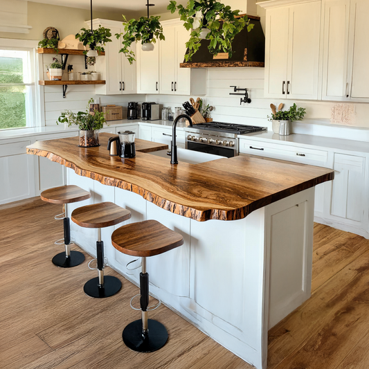 Mid-century modern kitchen with a live-edge wooden countertop—natural flowing edge, rich wood grain, paired with sleek cabinetry and ambient lighting in a contemporary space