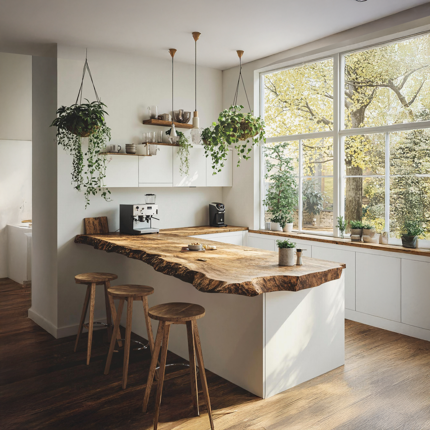 Rustic solid wood kitchen tabletop with live-edge detail and rich natural grain, styled to complement harmonious furniture and décor-1