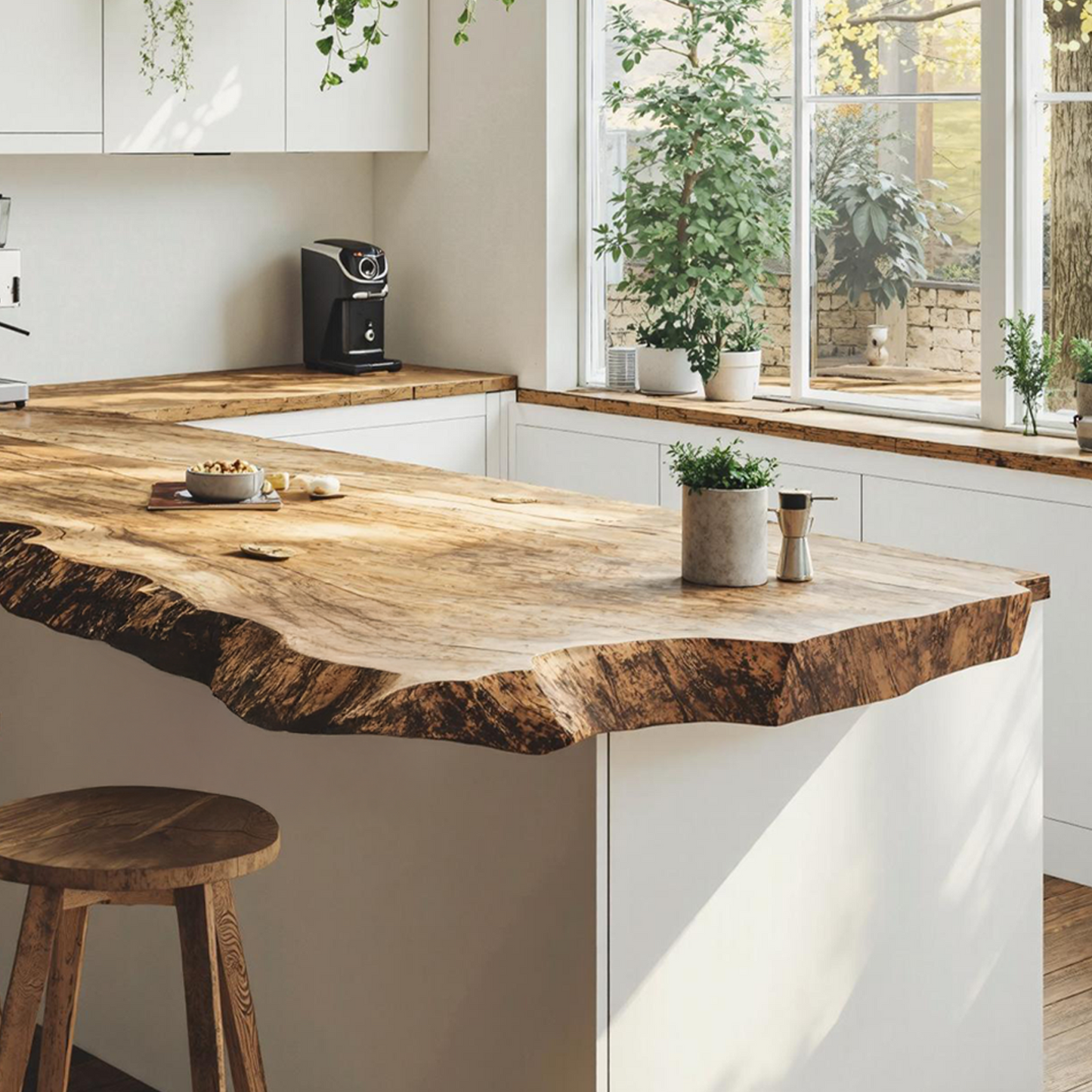 Rustic solid wood kitchen tabletop with live-edge detail and rich natural grain, styled to complement harmonious furniture and décor-2