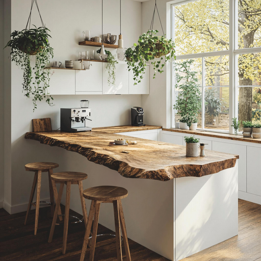 Rustic solid wood kitchen tabletop with live-edge detail and rich natural grain, styled to complement harmonious furniture and décor